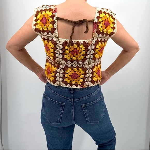 Vintage 70’s Boho Patchwork Handmade Crochet Macrame Sleeveless Sweater Top - Picture 7 of 12